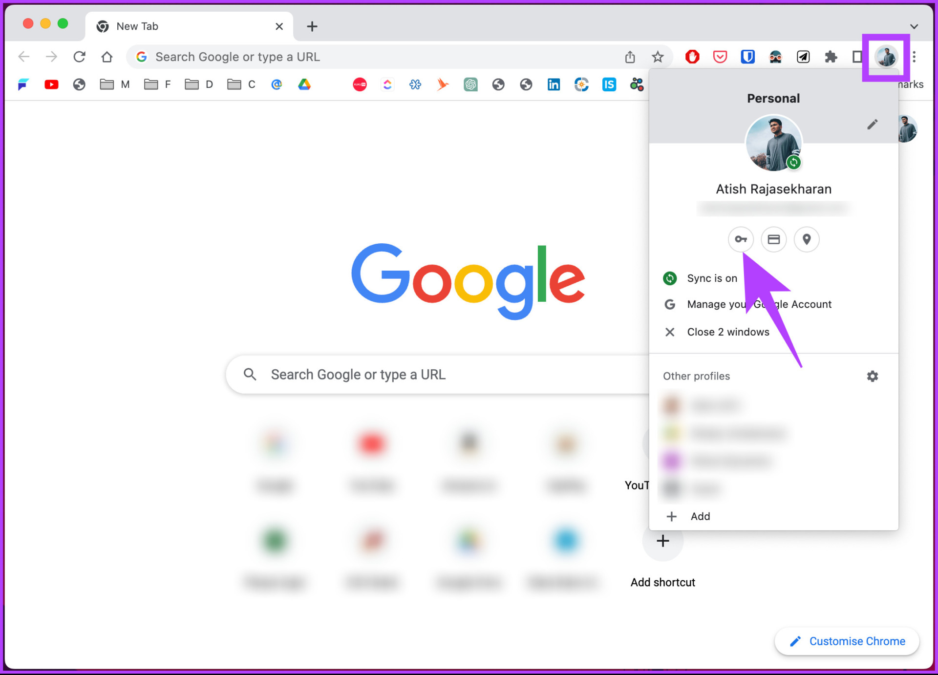 Chrome profile picture and click on the Key icon