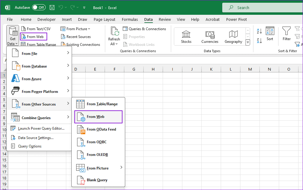 Import Data from Web Into Excel Menu