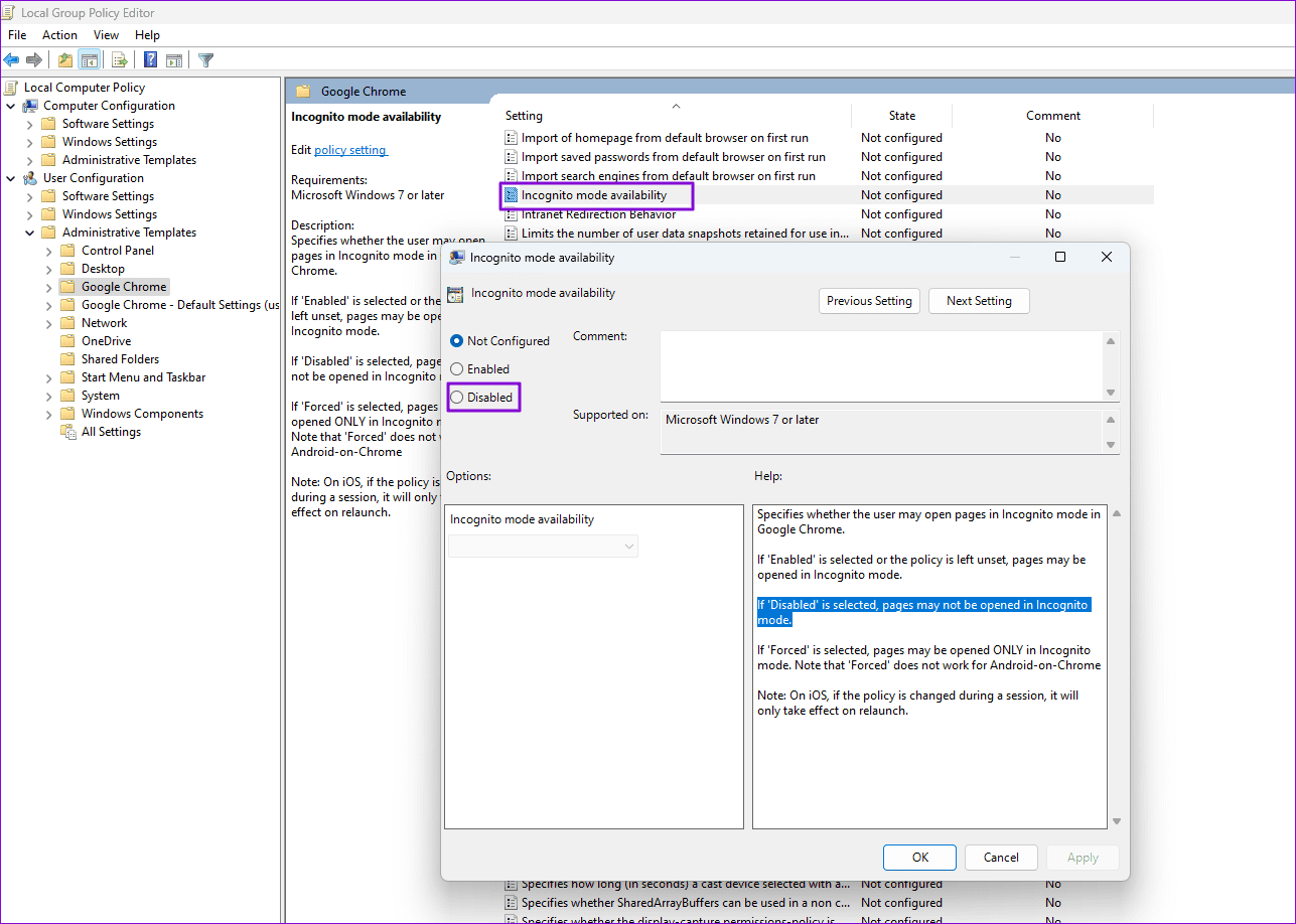 Incoginito Mode Availability Windows Chrome