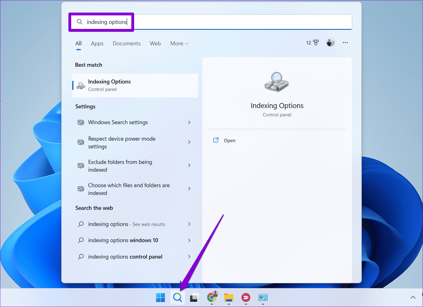 Indexing Options on Windows 11