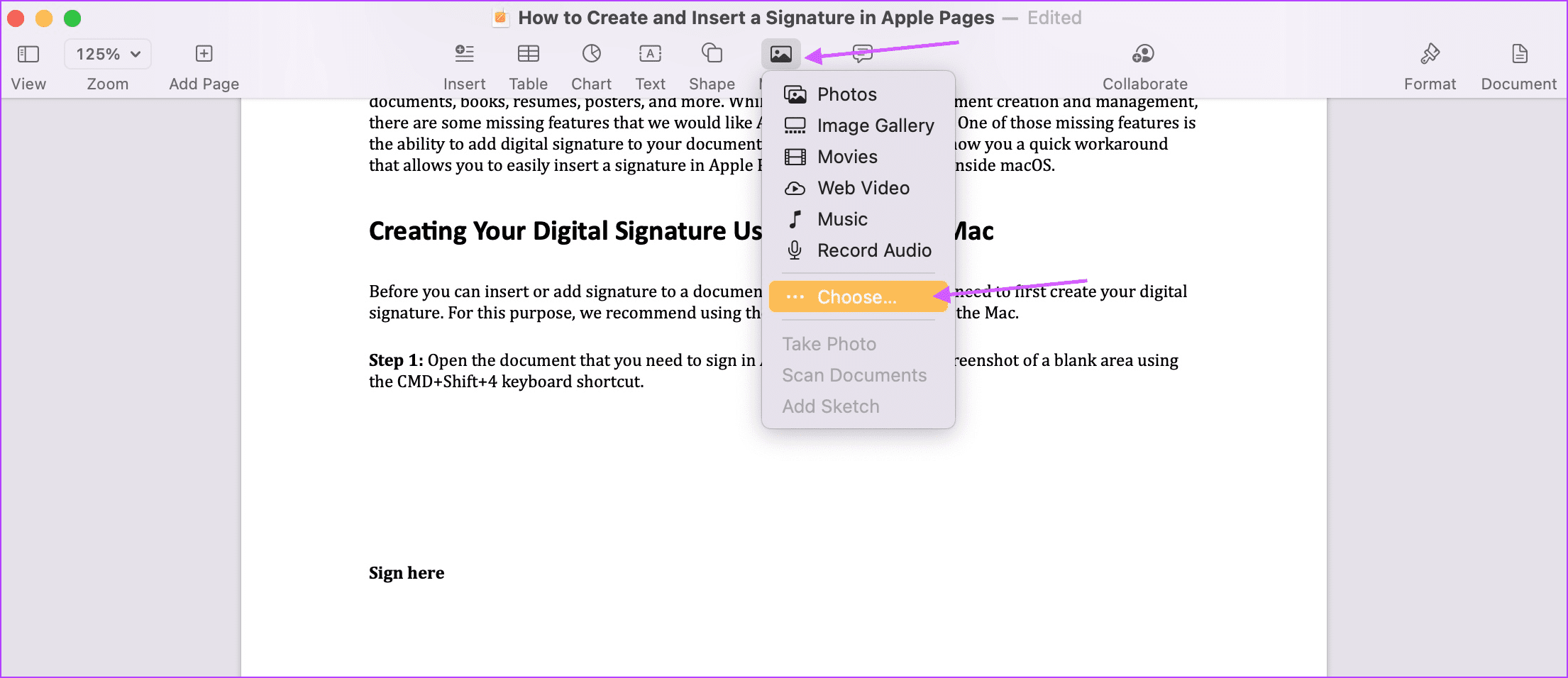 Insert Your Signature in Apple 1 Pages