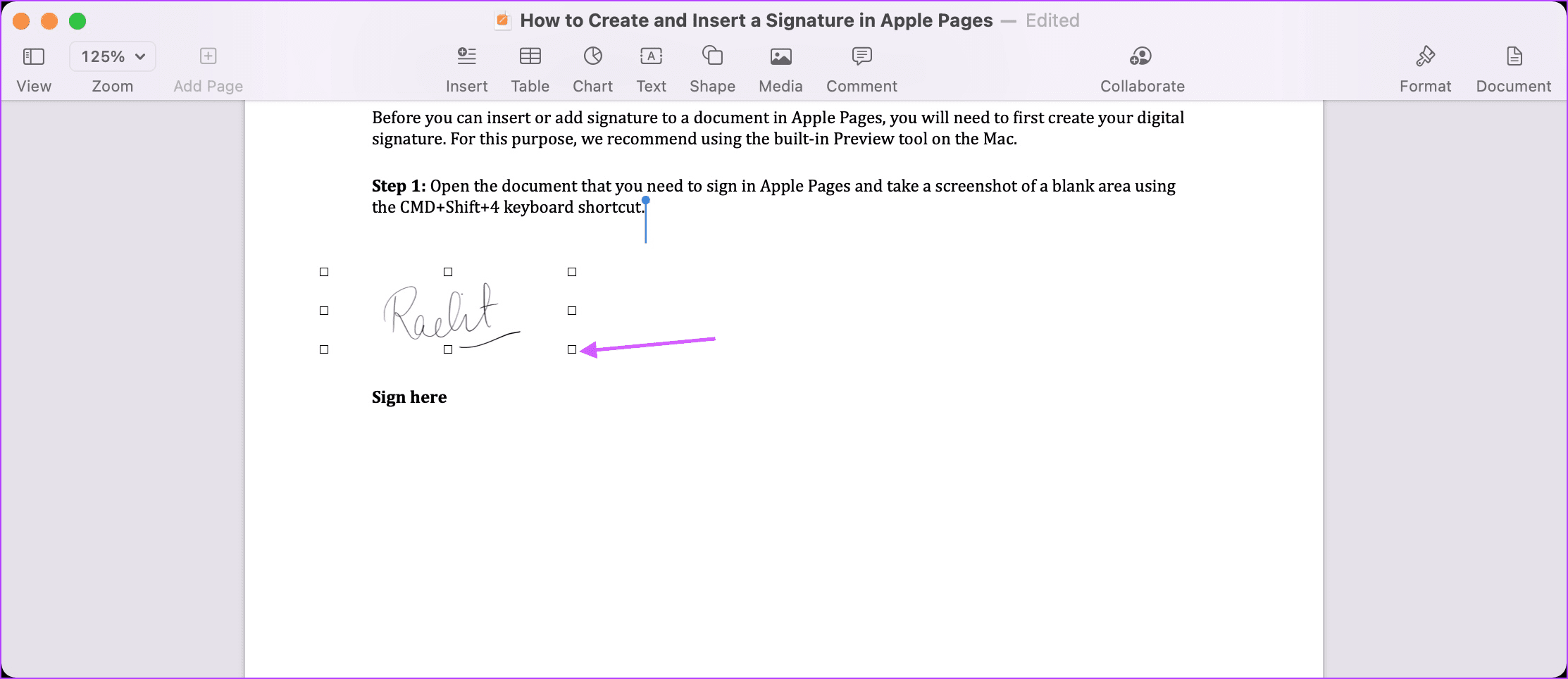 Insert Your Signature in Apple 3 Pages