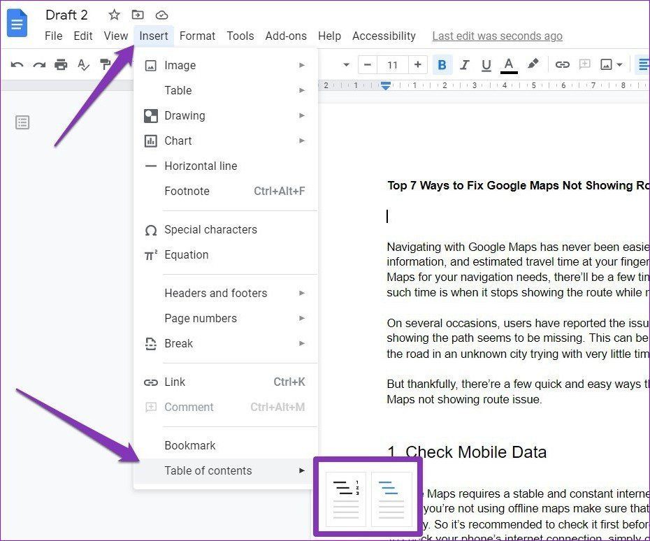 Inserting Table of Contents in Google Docs
