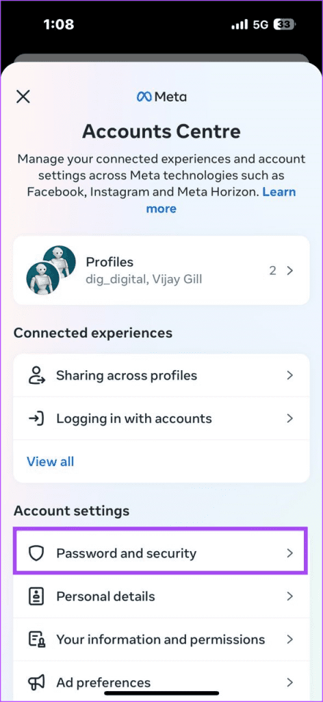 Instagram Account Center in iPhone