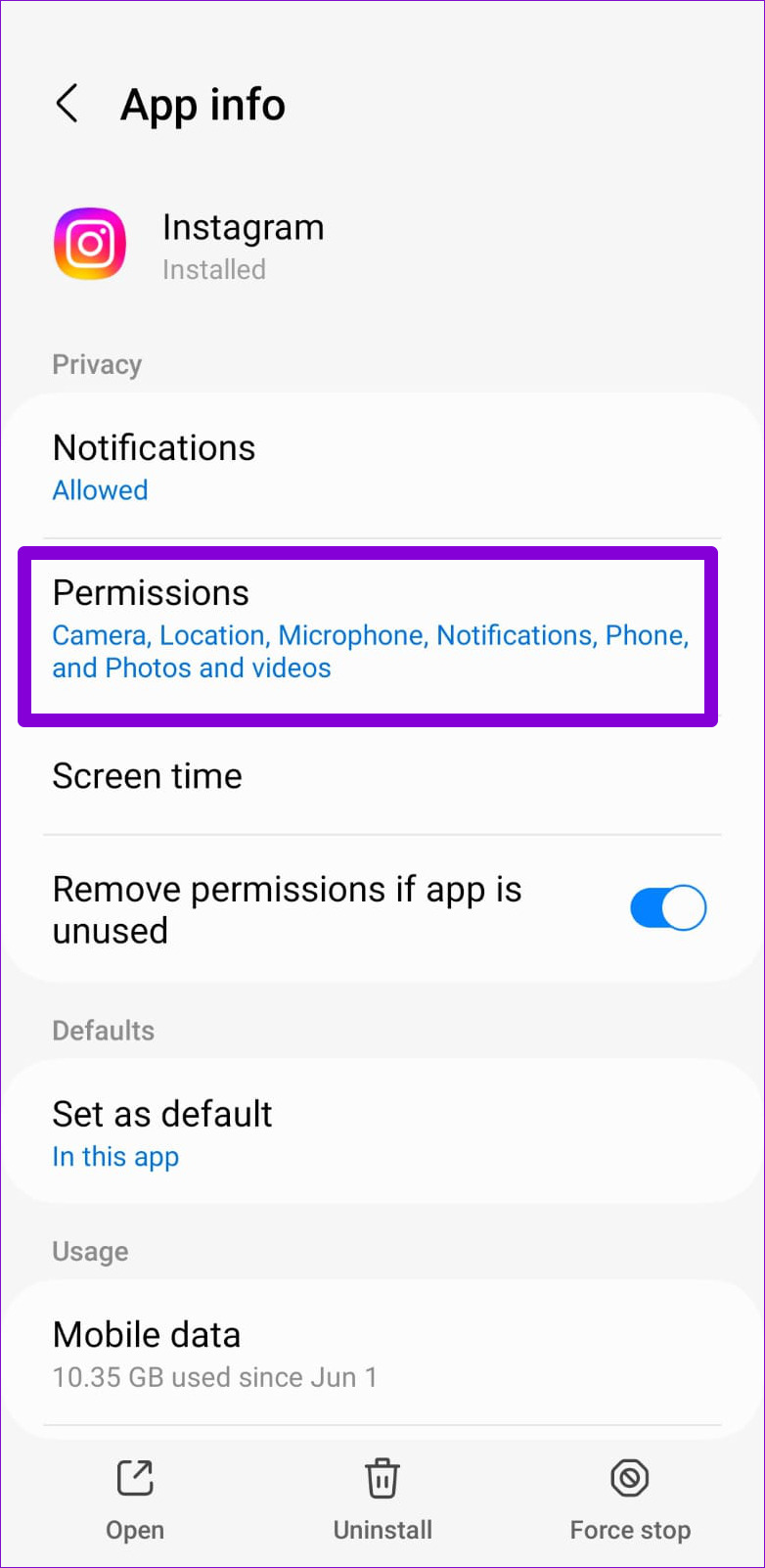 Instagram App Permissions on Android