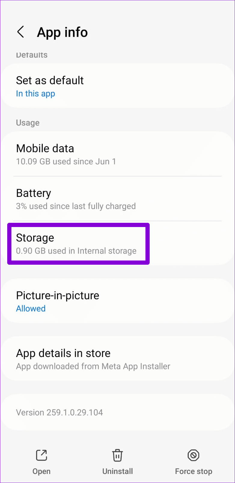 Instagram Storage Info on Android