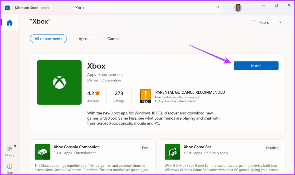 Install button in the Xbox app