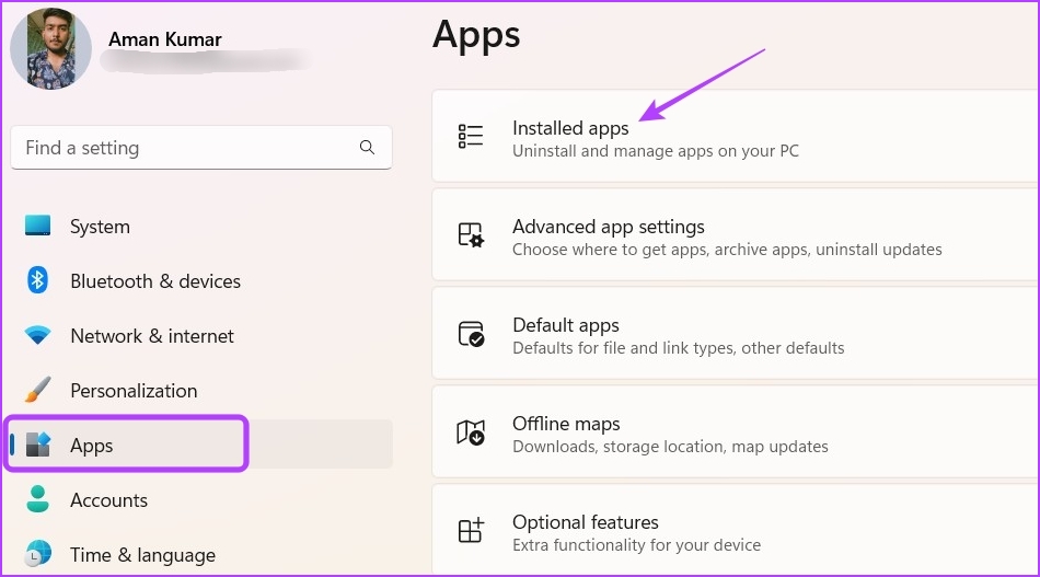 Installed apps option in settings