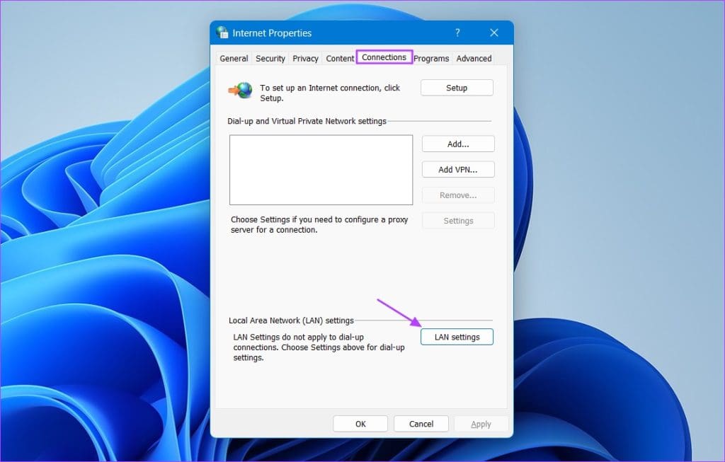 LAN Settings option in Internet Options