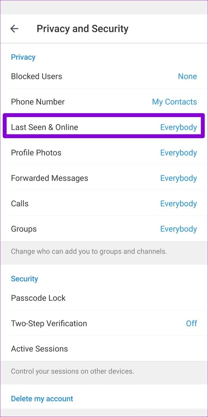Last Seen Online Settings on Telegram for Android