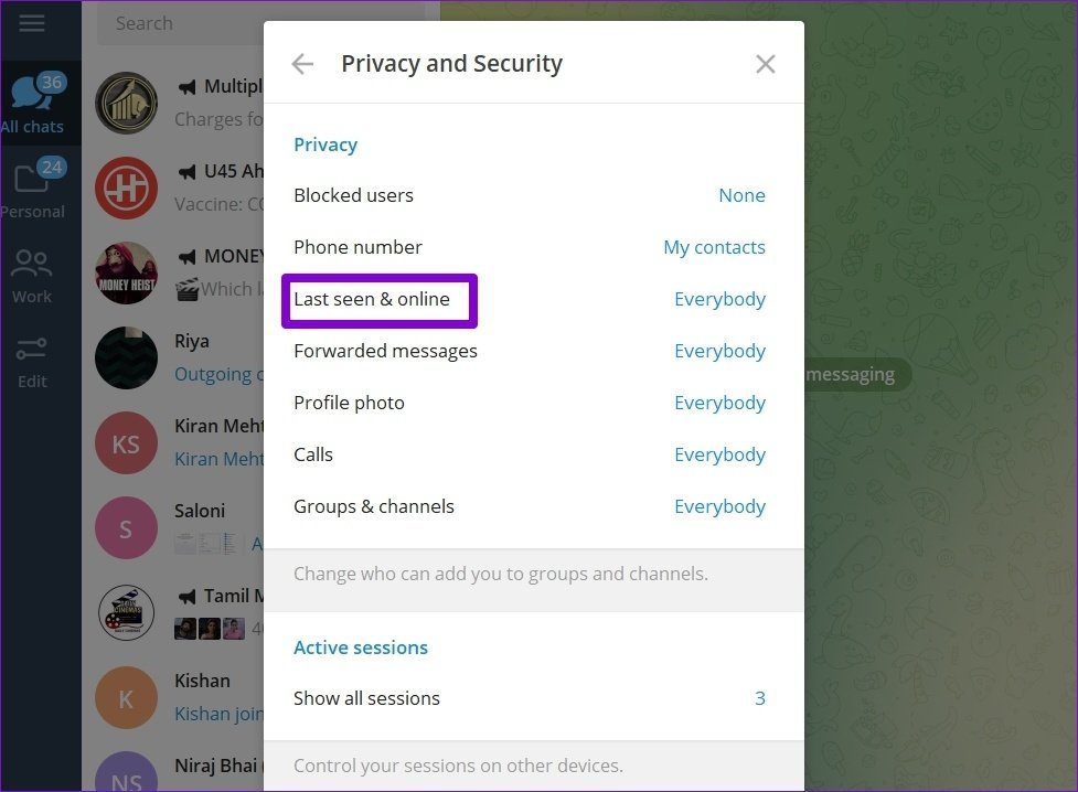 Last Seen Online Settings on Telegram for Desktop
