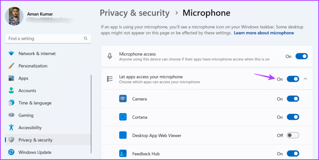 Let apps access your microphone option in Settings