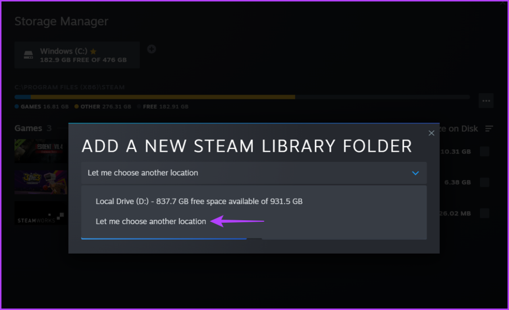 Let me choose another location option in Steam