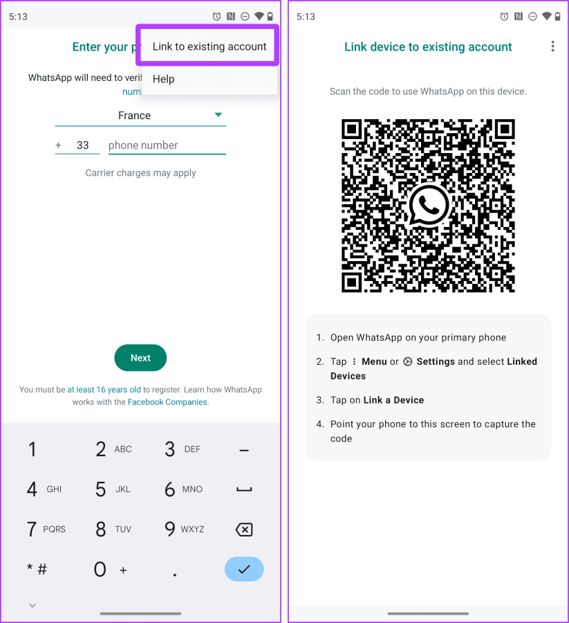 Link Existing Account to WhatsApp