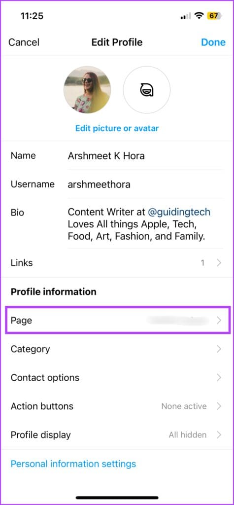 Select Page under Profile information