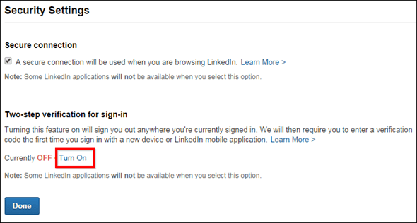 Linked In Security Two Step Auth Security Setting Section