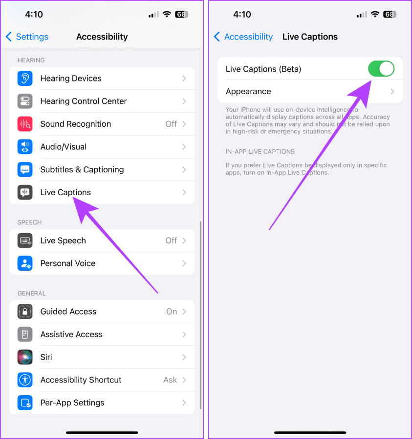 Live Caprtions Accessibility Settings iPhone