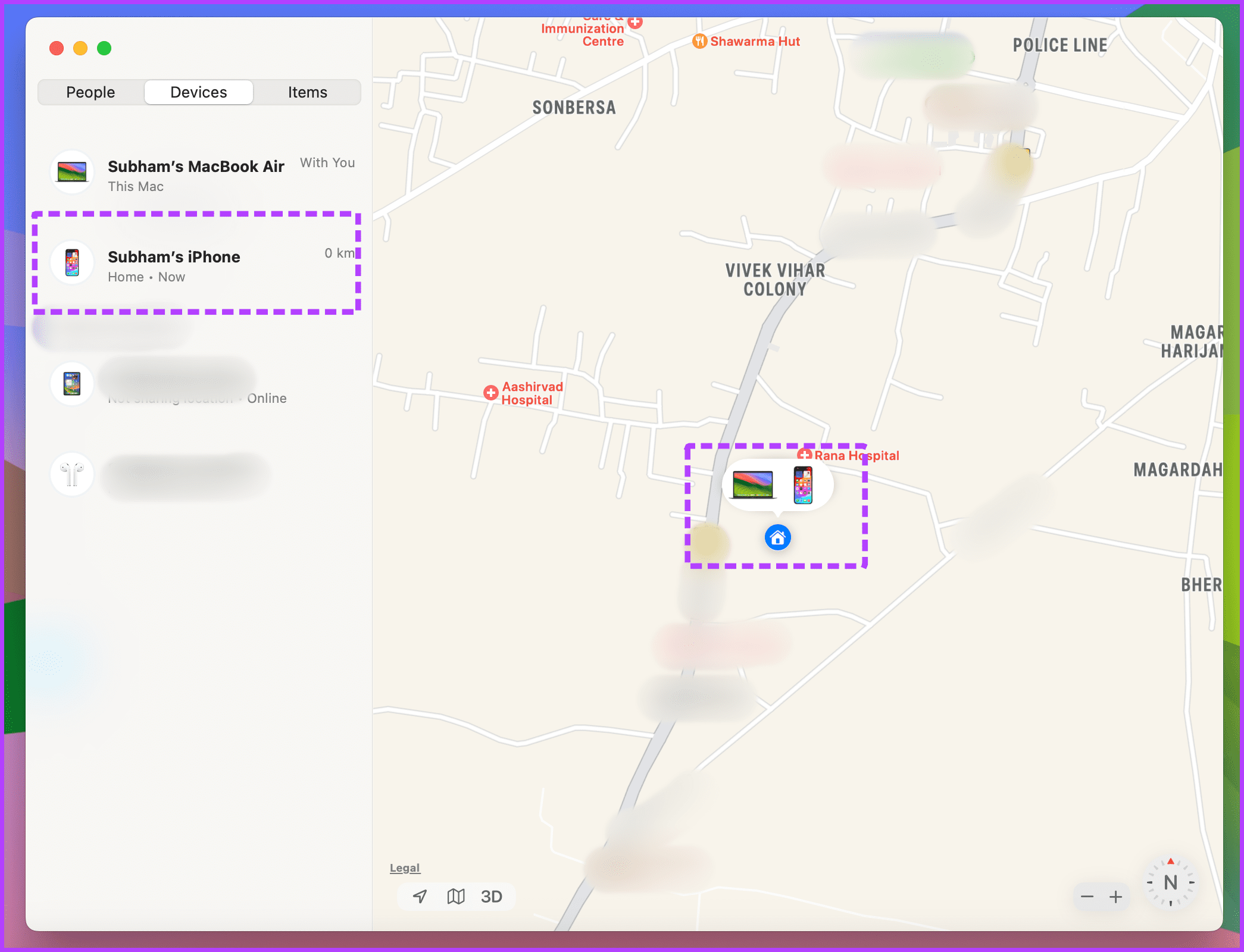 Locate iPhone in Find My app on Mac