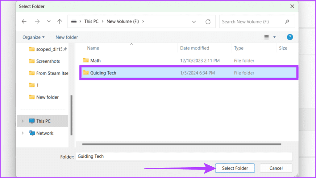 Locate the folder you want to hide and click the Select Folder button