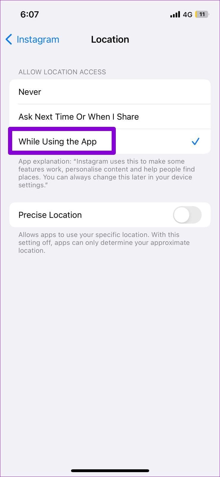 Location Access for Instagram on iPhone