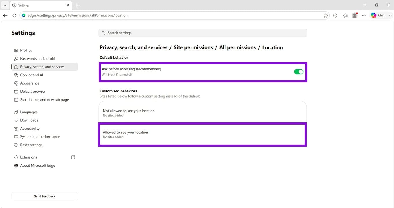 Location is turned off in system settings in Edge Version 149 4