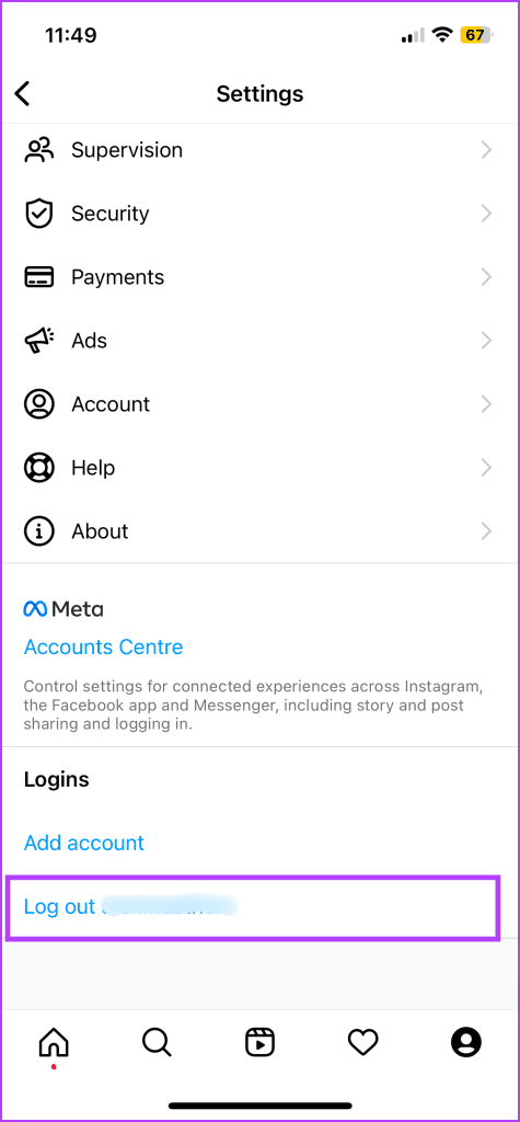 Log out from Instagram account