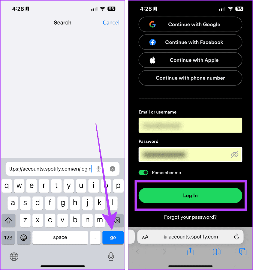 Logging into Spotify on mobile browser
