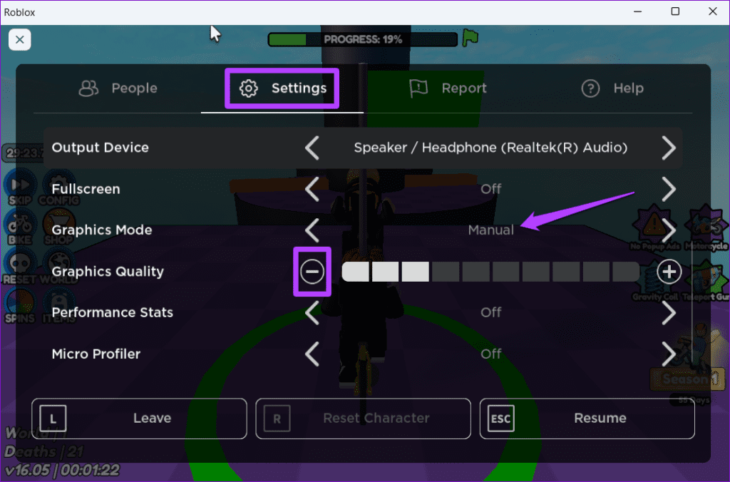 Lower In Game Graphics in Roblox on PC