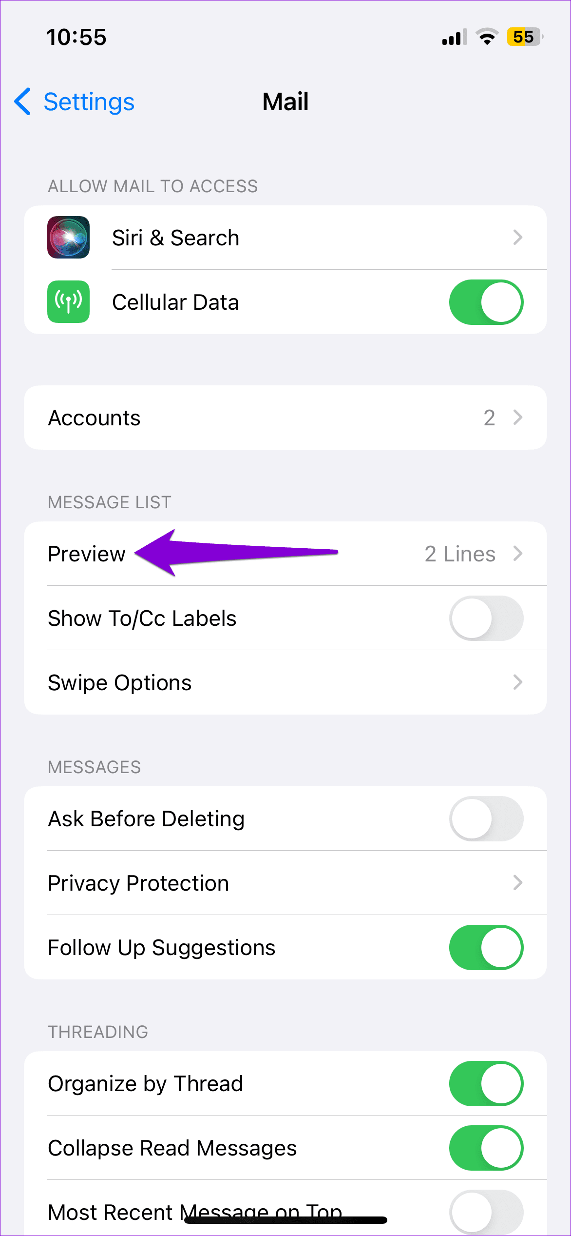 Mail App Preview Settings on iPhone