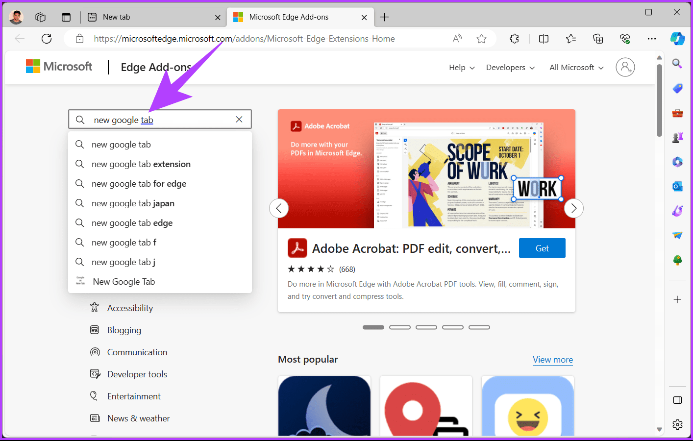 type 'New Google Tab'