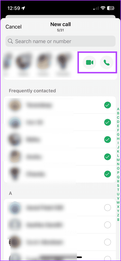 Select the participants and tap voice or video call button