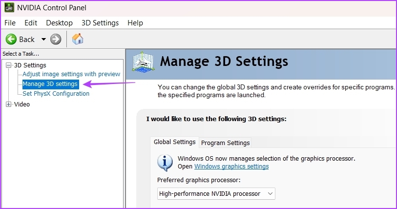 Manage 3D settings in NVIDIA Control Panel