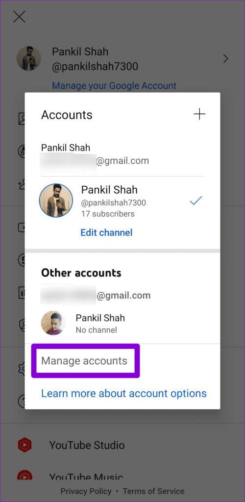 Manage Accounts in YouTube for Android