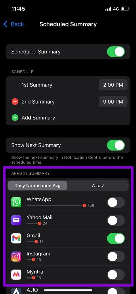 Manage Apps in Notification Summary on i Phone