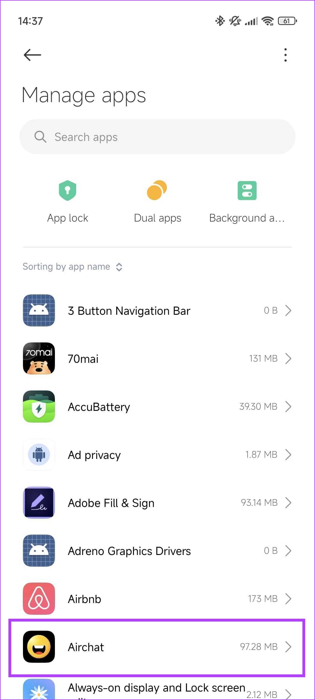 Manage Apps in Settings