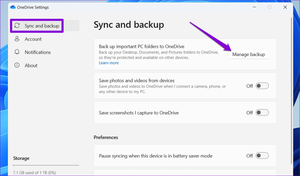 Manage Backup OneDrive