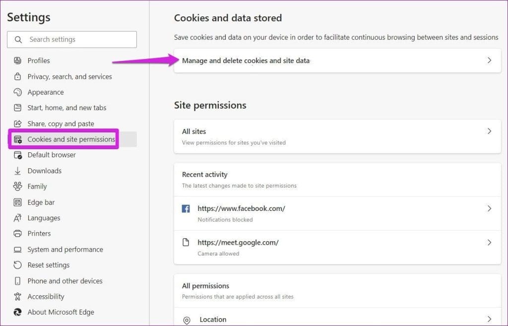 Manage Cookies and Site Data