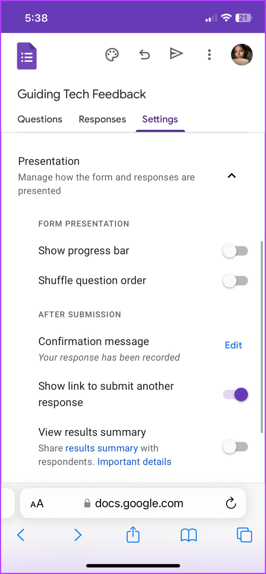 Manage the presentation settings in Google Forms