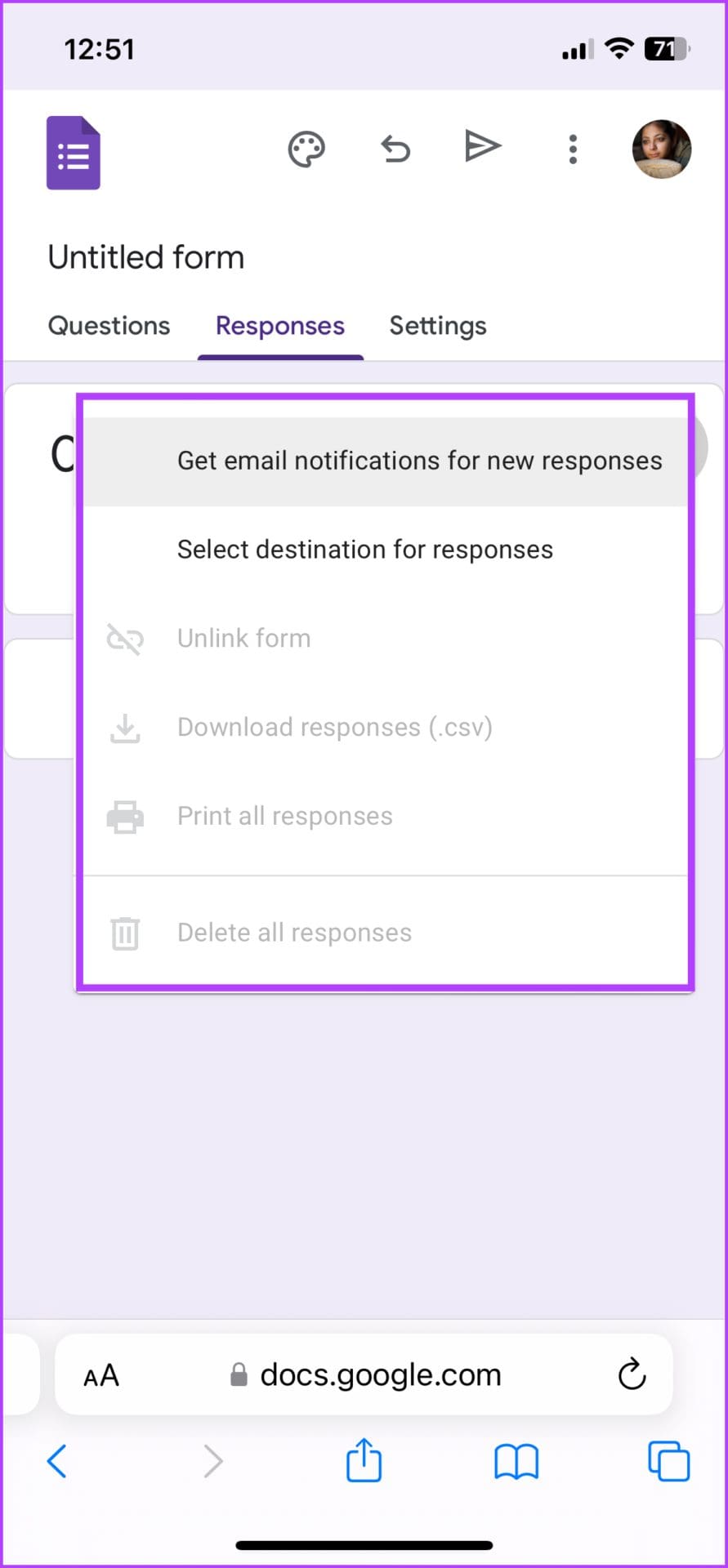 Select notification settings for Google Form responses