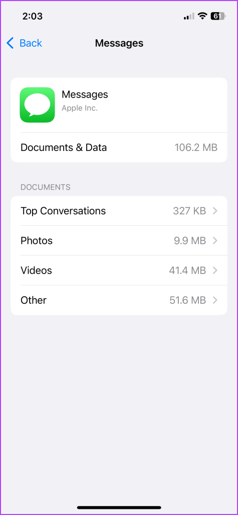 View the storage used by messages