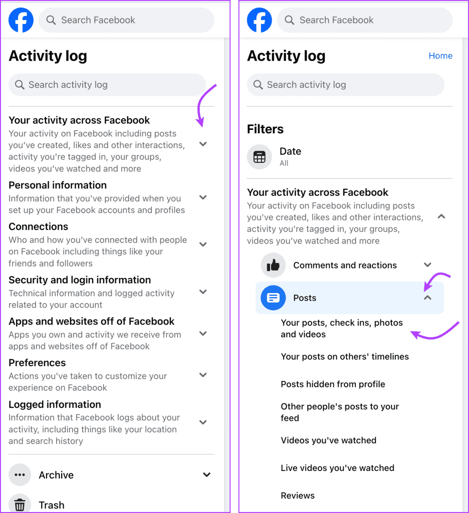 Tap Your activity across Facebook and then posts