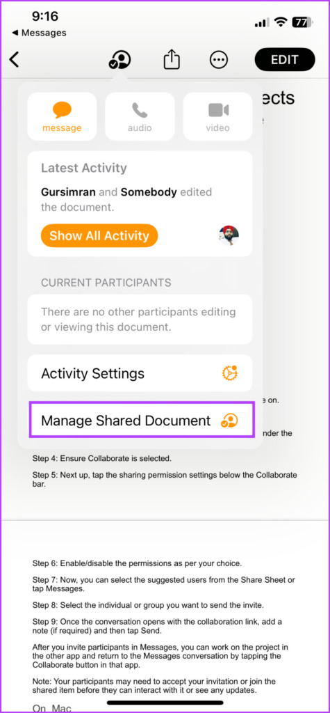 Select collaborate icon and then Manage Shared file
