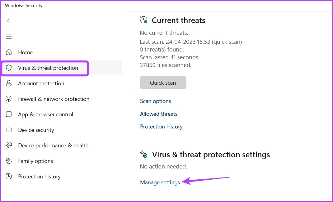 Manage settings option in Windows Security