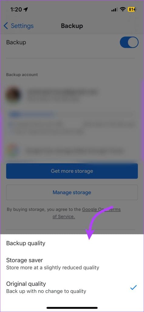 Choose a preferred option for Google Photos backup quality