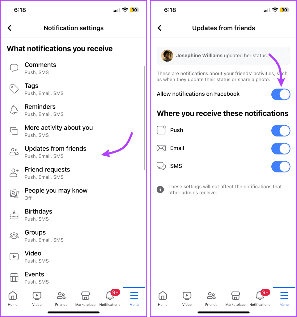 Select Updates from friends and manage notifications