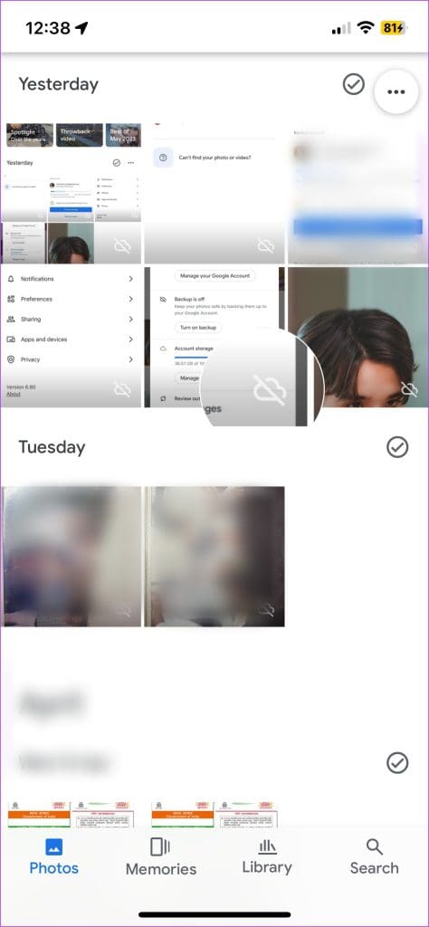 The images/videos with a cancelled cloud icon over them is not backed up to the account.