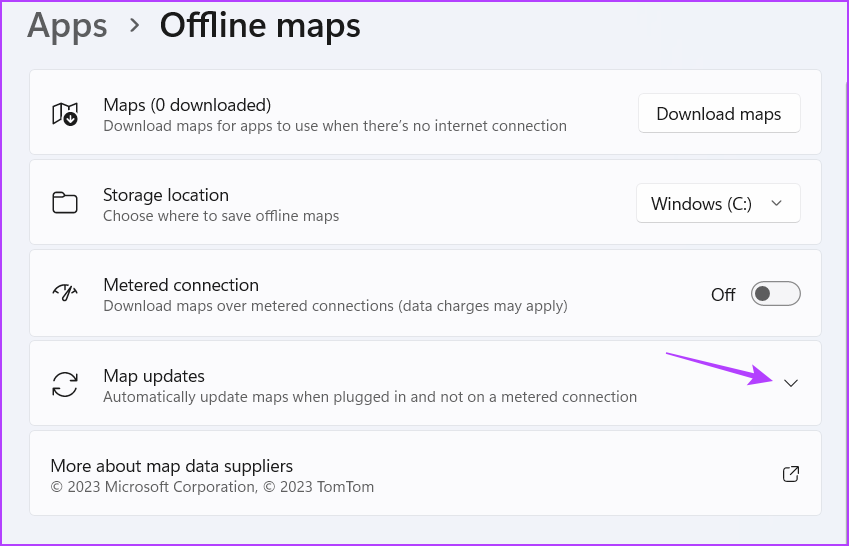 Map updates drop-down icon in Settings