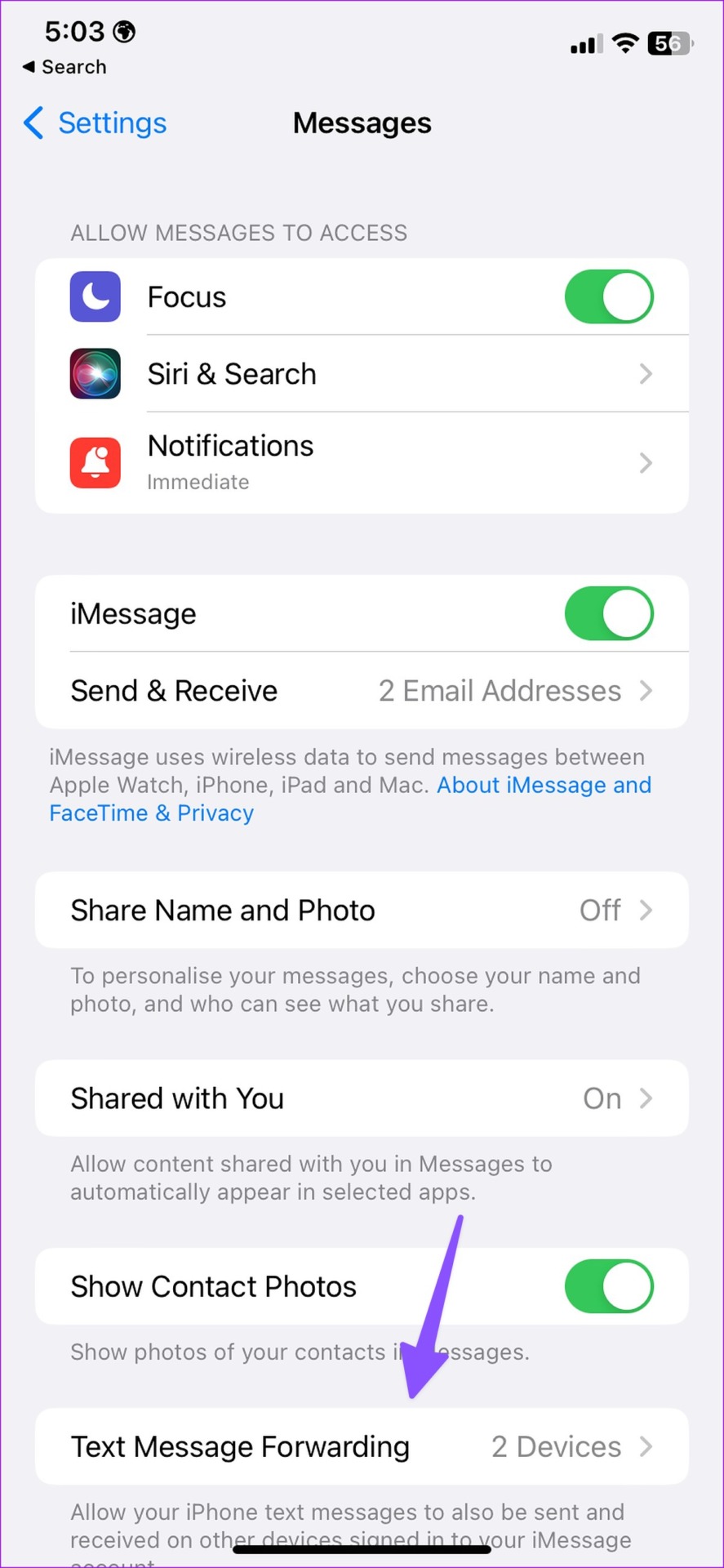 tex message forwarding on iPhone