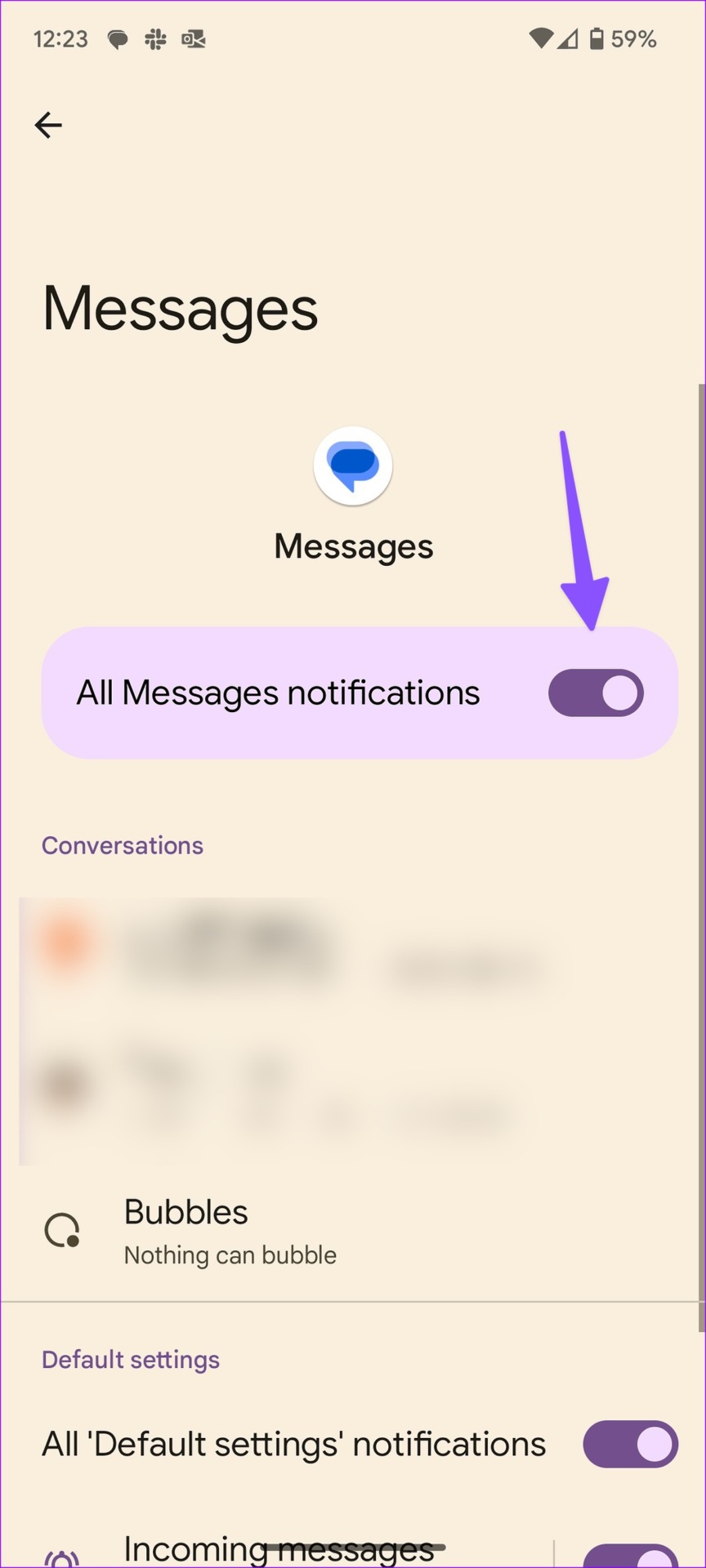 enable messages alerts on Android