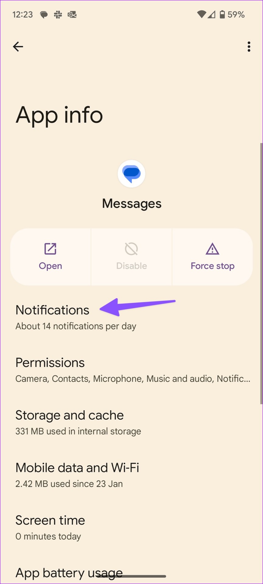 select notifications for messages